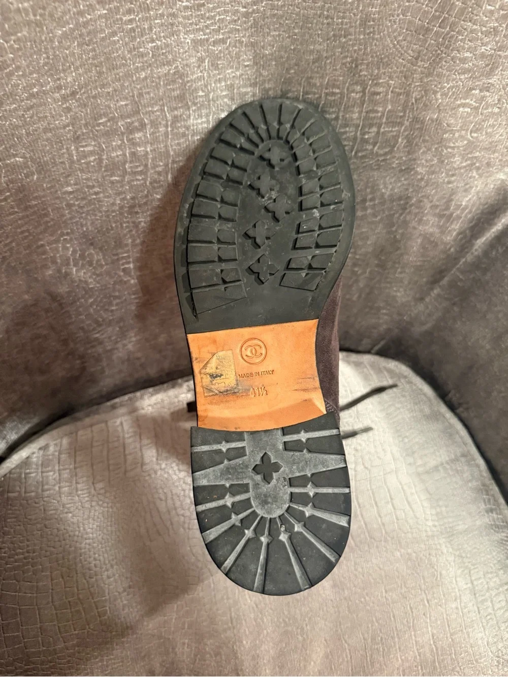 CHANEL G33769 Dark Gray Quilted Suede CC Combat Boots 41.5